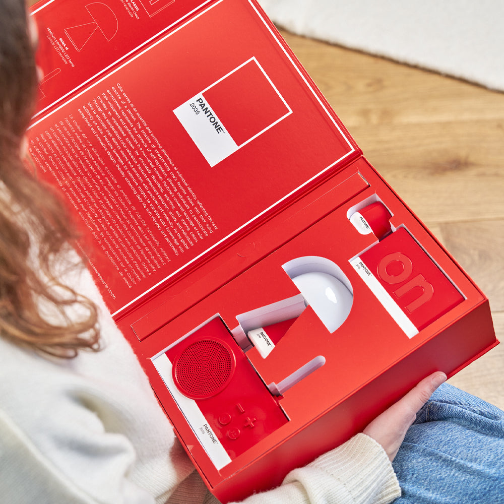 Lexon Pantone Gift Set | Mino+ Speaker, Flip Clock, Mina M Lamp, Thykho 3 Speaker | Red 2035