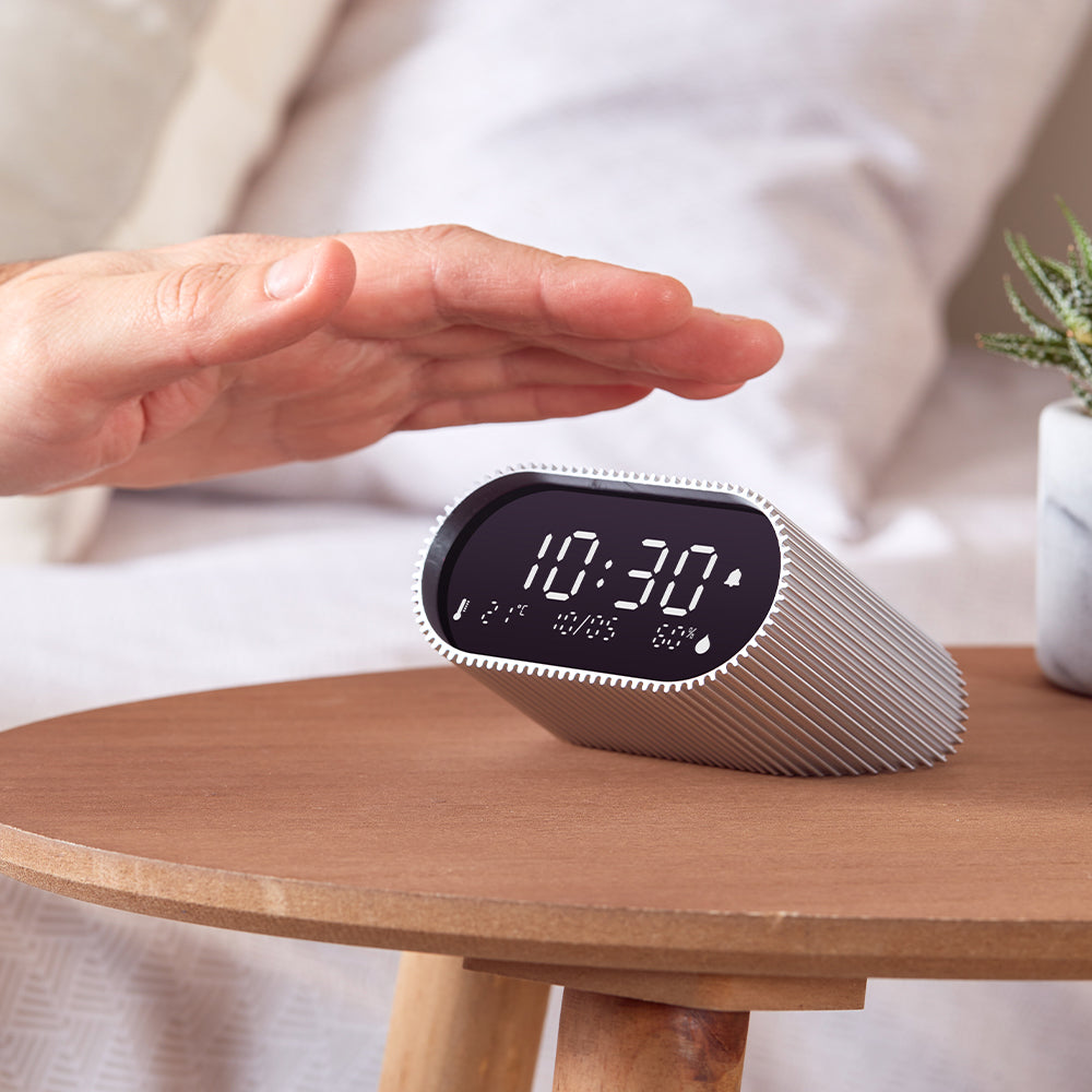 Lexon Ray LCD Alarm Clock | Temperature/Humidity Display | Aluminum Polish