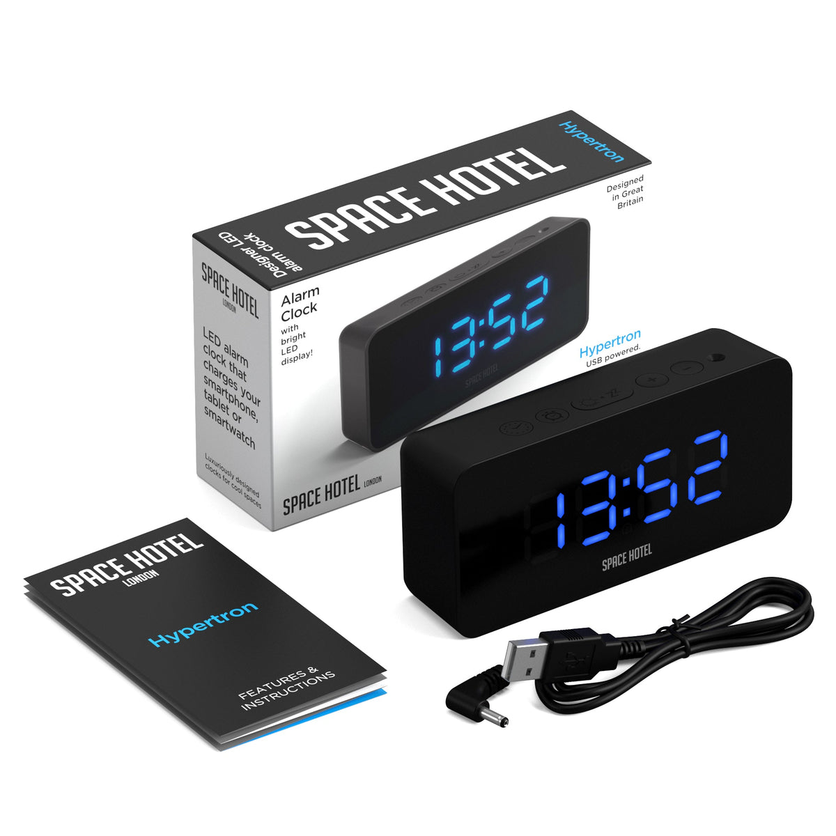 Space Hotel Hypertron Alarm Clock | Black Case | Black Lens | Blue LED