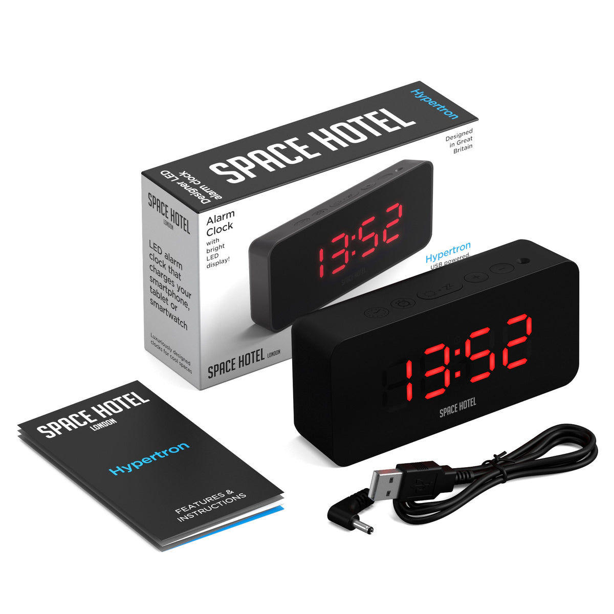 Space Hotel Hypertron Alarm Clock | Black Case | Black Lens | Red LED