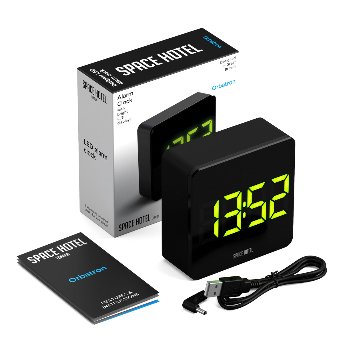 Space Hotel Orbatron Alarm Clock | Black Case | Black Lens | Green LED