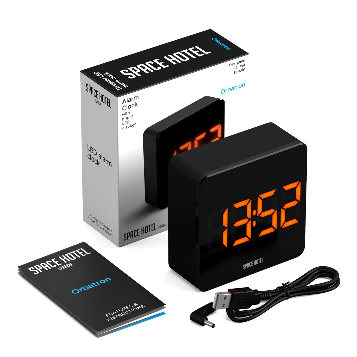 Space Hotel Orbatron Alarm Clock | Black Case | Black Lens | Orange LED