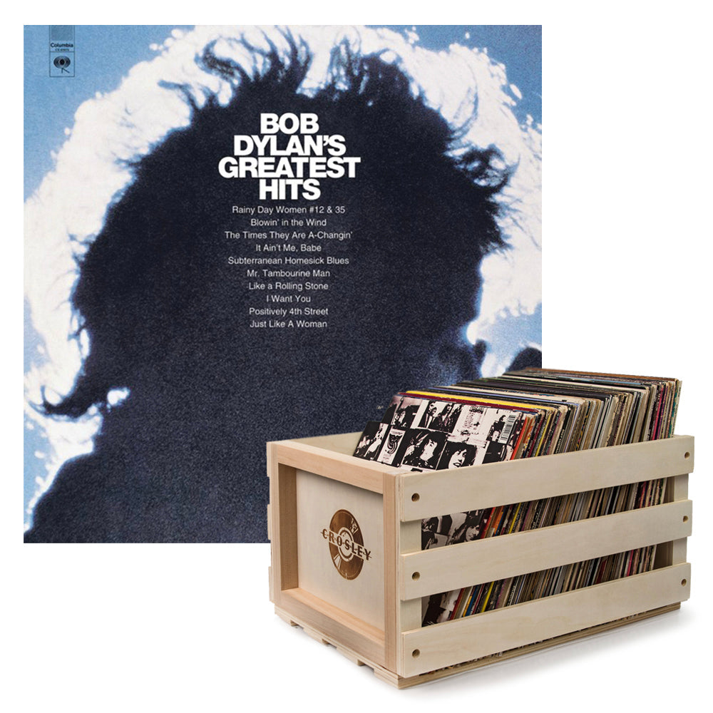 Crosley Record Storage Crate + Bob Dylan - Greatest Hits Vinyl Album Bundle | Folk Rock Classic