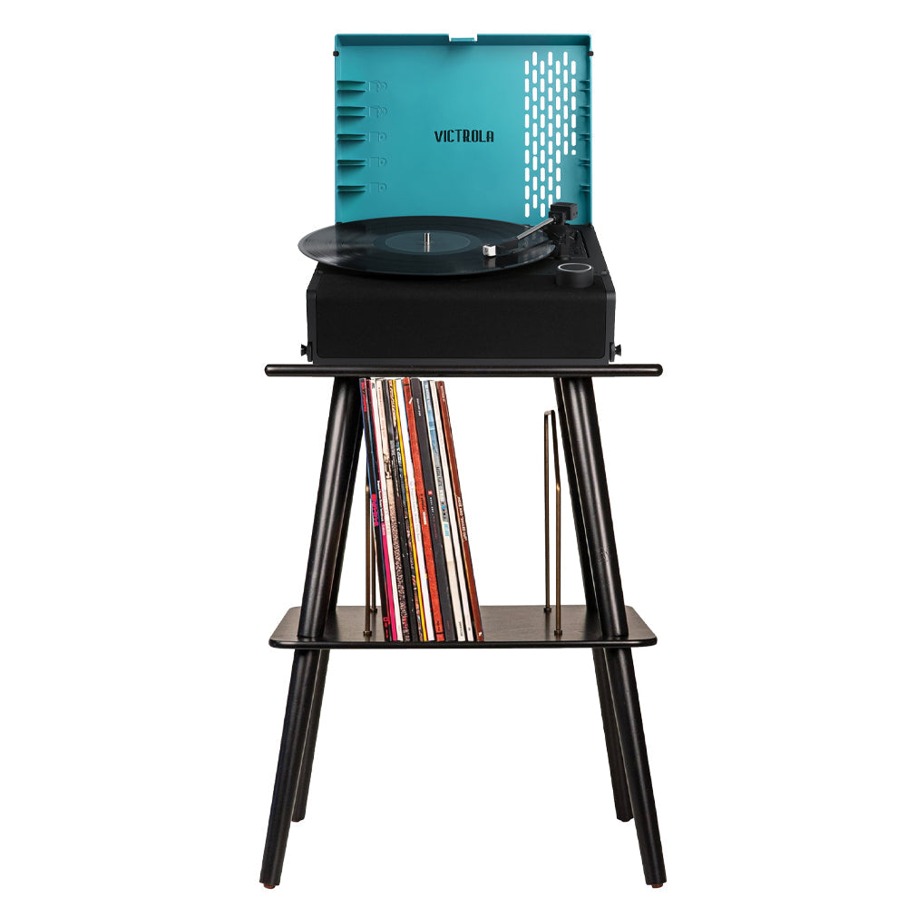 Victrola Revolution Go Turntable | Blue | Entertainment Stand Bundle | Black