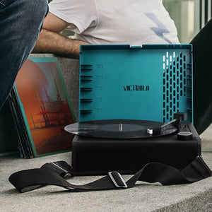 Victrola Revolution Go Turntable | Blue | Entertainment Stand Bundle | Black