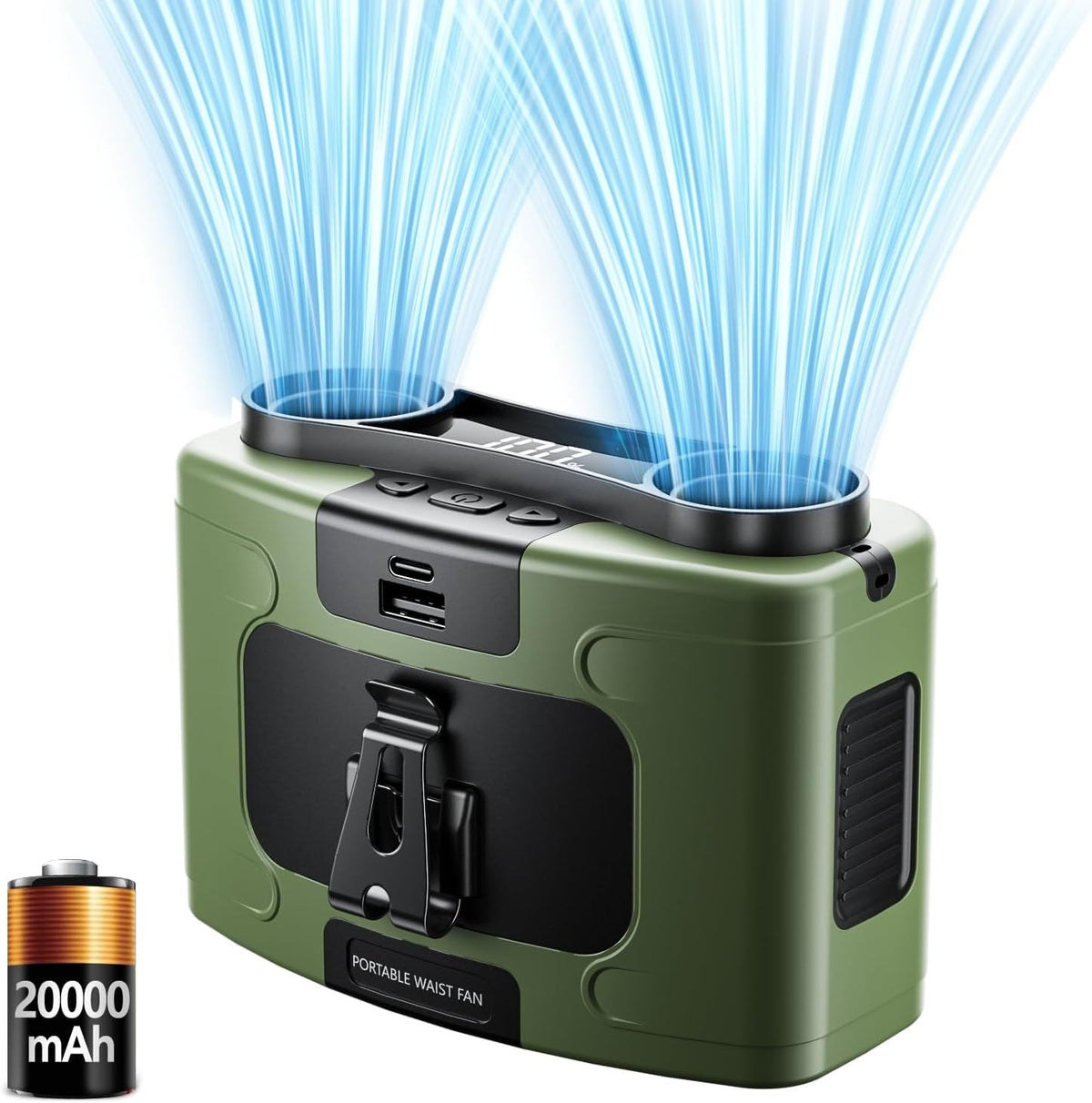 Portable Waist Fan | 20000mAh | Hanging Neck Fan | Strong Wind | Power Bank & LED Light | Sports, Outdoor | Green