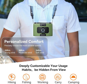 Portable Waist Fan | 20000mAh | Hanging Neck Fan | Strong Wind | Power Bank & LED Light | Sports, Outdoor | Green