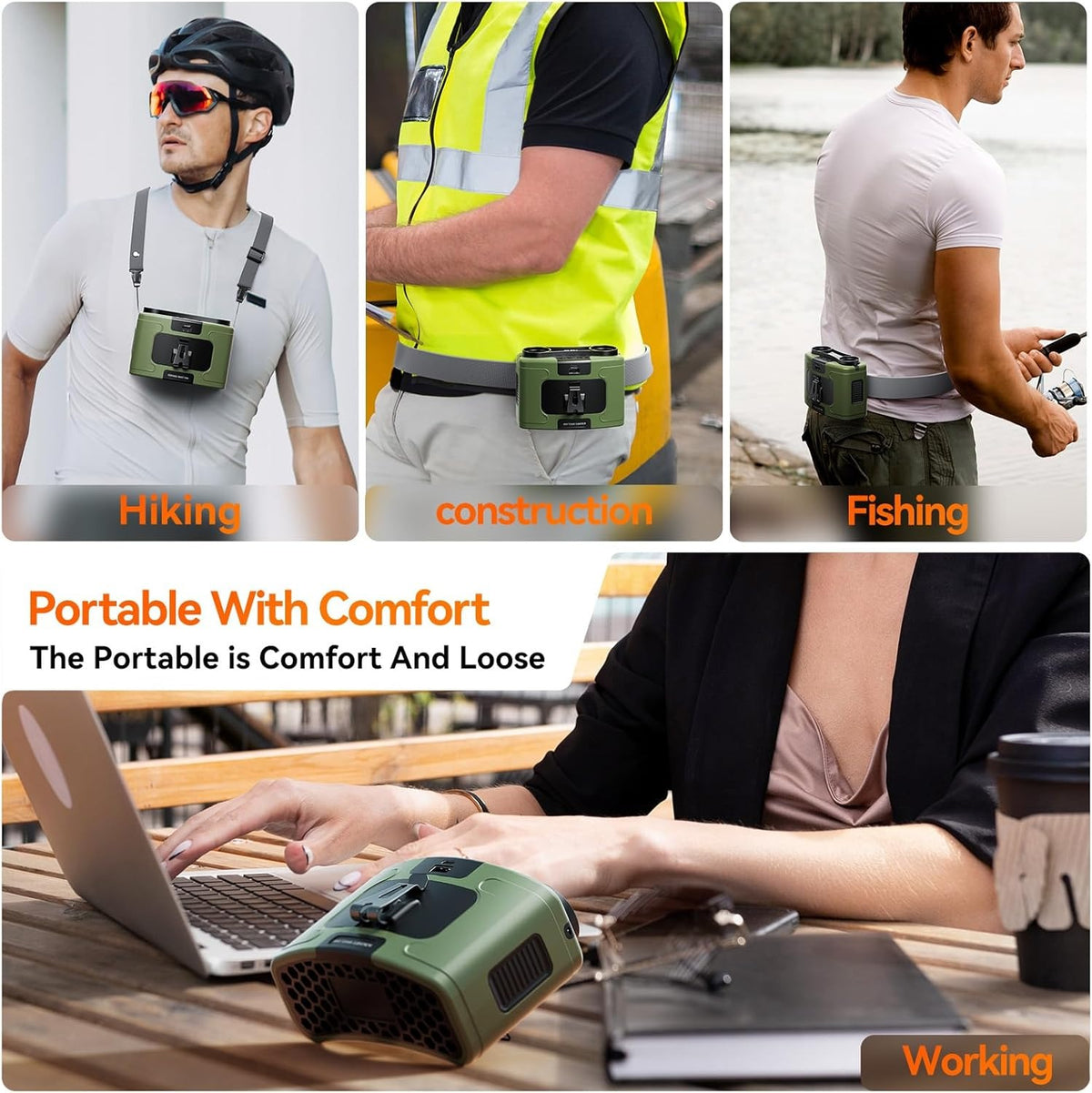 Portable Waist Fan | 20000mAh | Hanging Neck Fan | Strong Wind | Power Bank & LED Light | Sports, Outdoor | Green