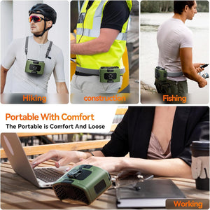 Portable Waist Fan | 20000mAh | Hanging Neck Fan | Strong Wind | Power Bank & LED Light | Sports, Outdoor | Green