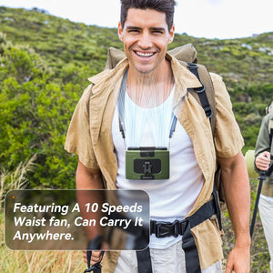 Portable Waist Fan | 20000mAh | Hanging Neck Fan | Strong Wind | Power Bank & LED Light | Sports, Outdoor | Green