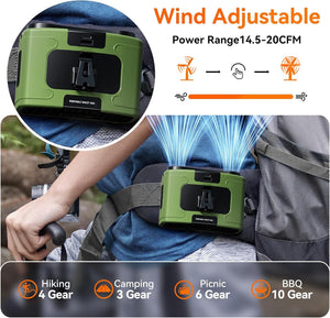 Portable Waist Fan | 20000mAh | Hanging Neck Fan | Strong Wind | Power Bank & LED Light | Sports, Outdoor | Green