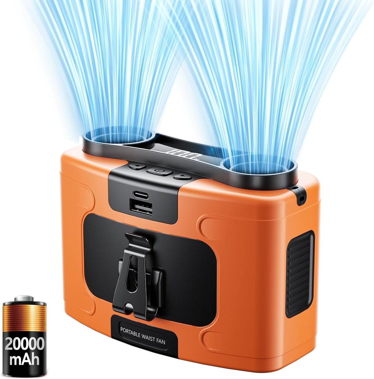 Portable Waist Fan | 20000mAh | Hanging Neck Fan | Strong Wind | Power Bank & LED Light | Sports, Outdoor | Orange