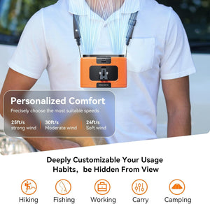 Portable Waist Fan | 20000mAh | Hanging Neck Fan | Strong Wind | Power Bank & LED Light | Sports, Outdoor | Orange