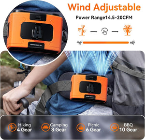 Portable Waist Fan | 20000mAh | Hanging Neck Fan | Strong Wind | Power Bank & LED Light | Sports, Outdoor | Orange