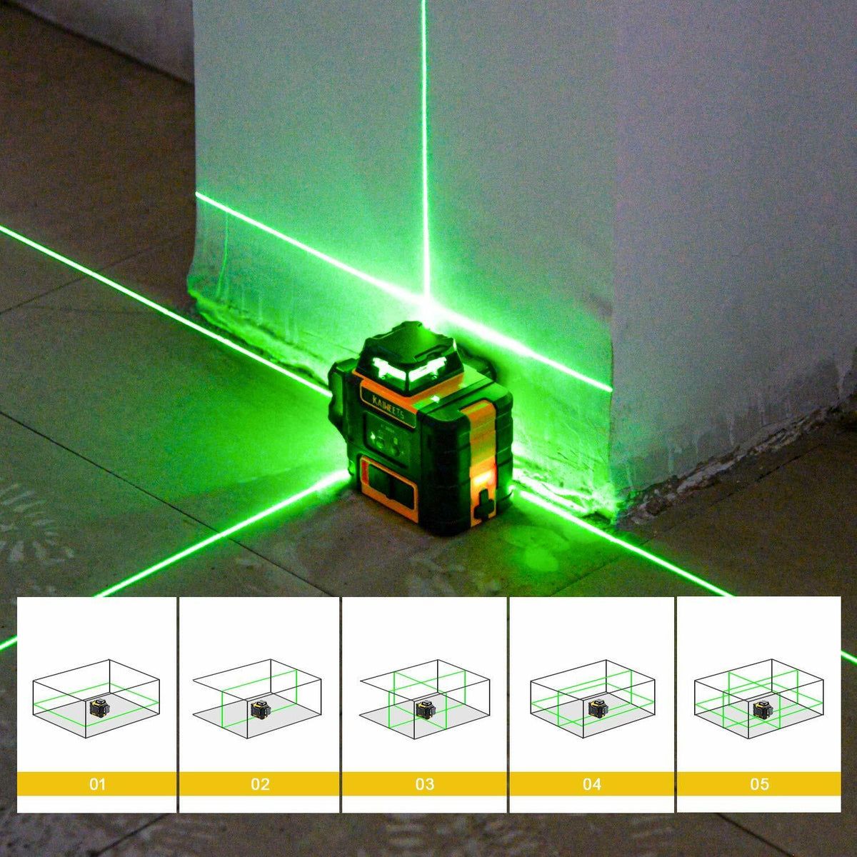 KAIWEETS Green Laser Level | KT360A | 3 x 360° Rotary Self-Leveling | 1 Rechargeable Battery