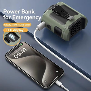 10000mAh Portable Outdoor Waist Fan | Hanging Neck | Strong Wind with Power Bank | LED Lighting for Emergency | Sports & Outdoor Working (Green)