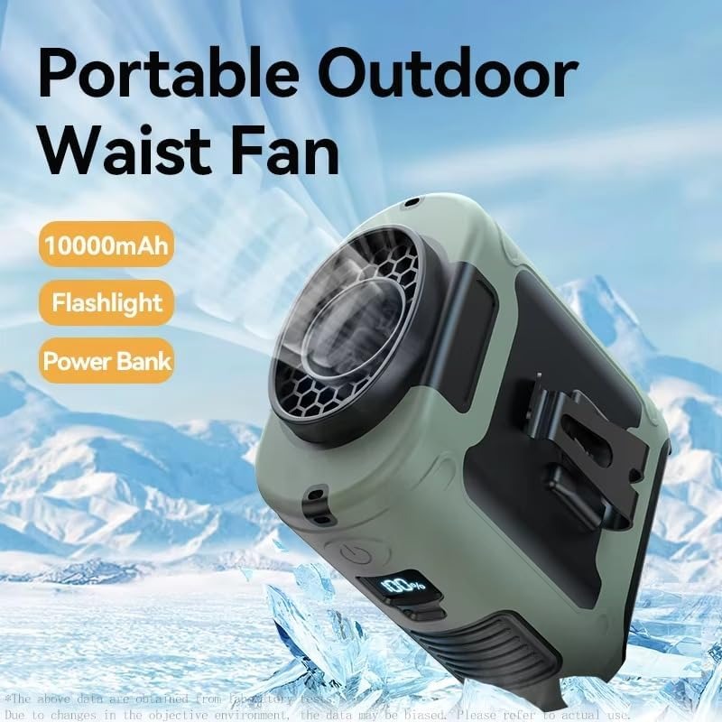 10000mAh Portable Outdoor Waist Fan | Hanging Neck | Strong Wind with Power Bank | LED Lighting for Emergency | Sports & Outdoor Working (Green)