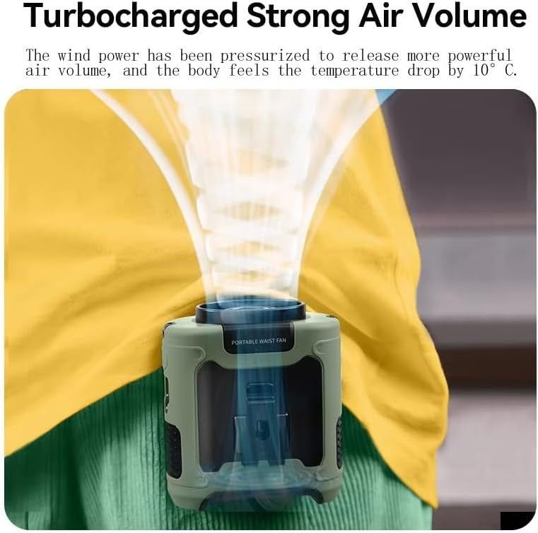 10000mAh Portable Outdoor Waist Fan | Hanging Neck | Strong Wind with Power Bank | LED Lighting for Emergency | Sports & Outdoor Working (Green)