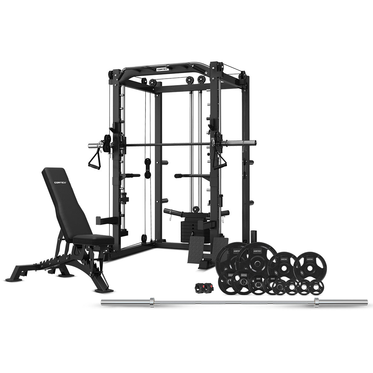CORTEX SM-20 6-in-1 Power Rack with Smith & Cable Machine | BN-9 Bench | 100kg Olympic Tri-Grip Weight Plate & Barbell Package