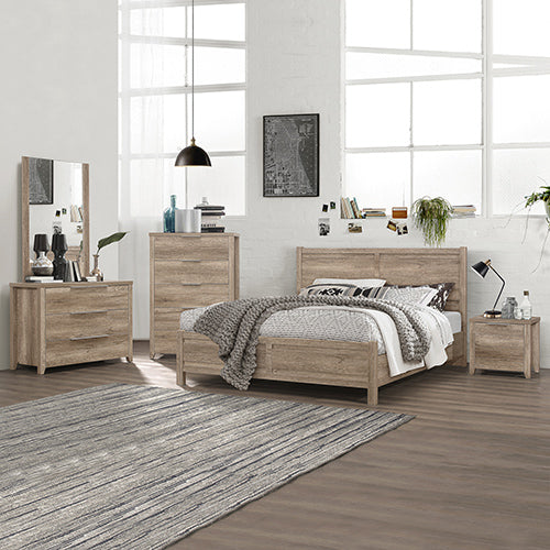 5-Piece Bedroom Suite | Natural Wood-like MDF | Double Size Oak Colour Bed | Bedside Table | Tallboy & Dresser
