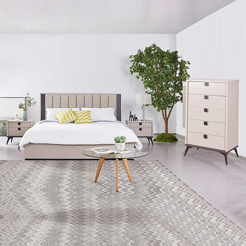 Queen 4-Piece Bedroom Suite with Tallboy | Fabric Upholstery | MDF | Champagne & Black Colour Combination