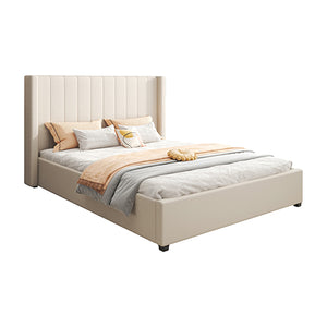 King Size High Rise Headboard | Linen Beige Fabric | Four MDF Drawers with Wheels | Bed Frame