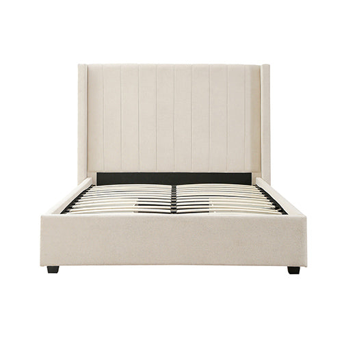 King Size High Rise Headboard | Linen Beige Fabric | Four MDF Drawers with Wheels | Bed Frame