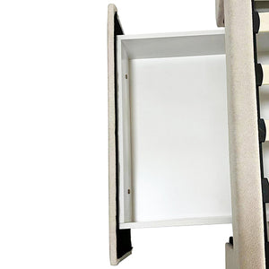 King Size High Rise Headboard | Linen Beige Fabric | Four MDF Drawers with Wheels | Bed Frame