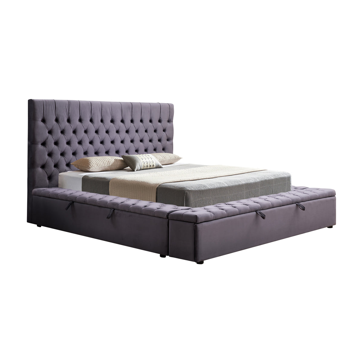 Queen Size Bedframe | Velvet Upholstery | Deep Grey Colour | Tufted Headboard | Deep Quilting