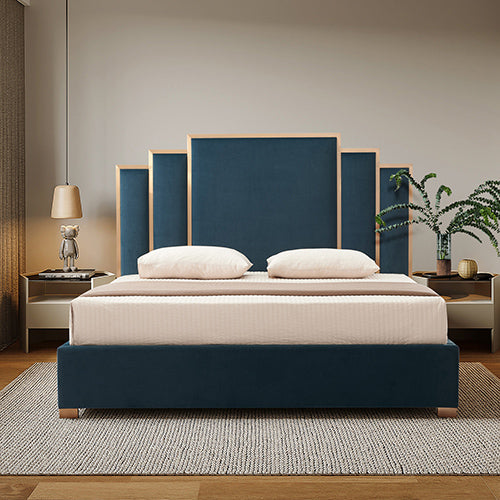 Austin Bed Frame | Polyester Turquoise Fabric | Padded Upholstery | High-Quality Slats | Polished Stainless Steel Feet