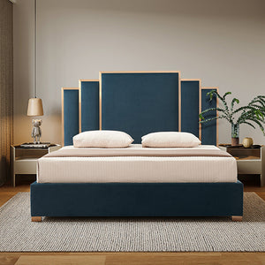 Austin Bed Frame | Polyester Turquoise Fabric | Padded Upholstery | High-Quality Slats | Polished Stainless Steel Feet