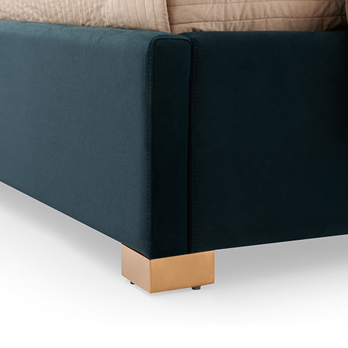 Austin Bed Frame | Polyester Turquoise Fabric | Padded Upholstery | High-Quality Slats | Polished Stainless Steel Feet