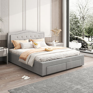 Emily Bed Frame Queen Size | Velvet Fabric Grey | Four MDF Drawers with Wheels
