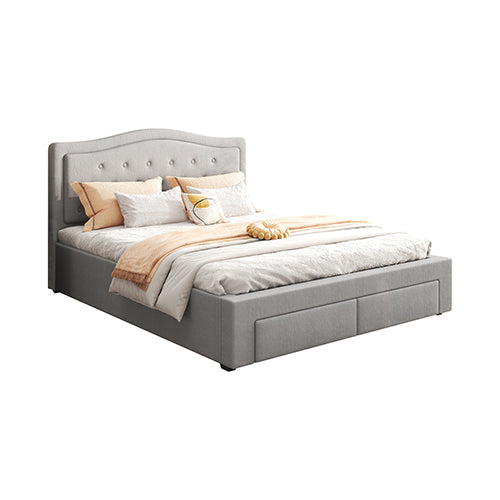 Emily Bed Frame Queen Size | Velvet Fabric Grey | Four MDF Drawers with Wheels