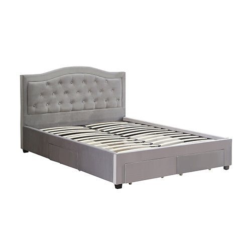 Emily Bed Frame Queen Size | Velvet Fabric Grey | Four MDF Drawers with Wheels