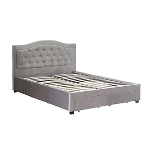 Emily Bed Frame Queen Size | Velvet Fabric Grey | Four MDF Drawers with Wheels