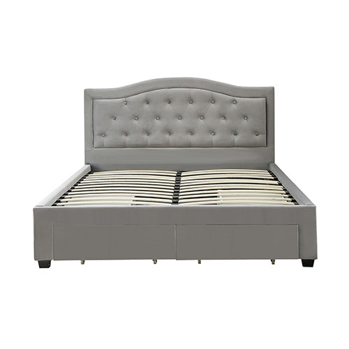 Emily Bed Frame Queen Size | Velvet Fabric Grey | Four MDF Drawers with Wheels