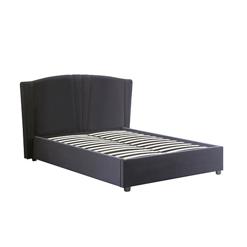 Roman Bed Frame Double Size | Black Velvet Fabric | Gas Lift | Plywood & Metal Structure