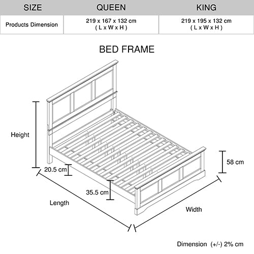 Queen Bed Frame | Solid Wood | Slats Support | Grey Colour