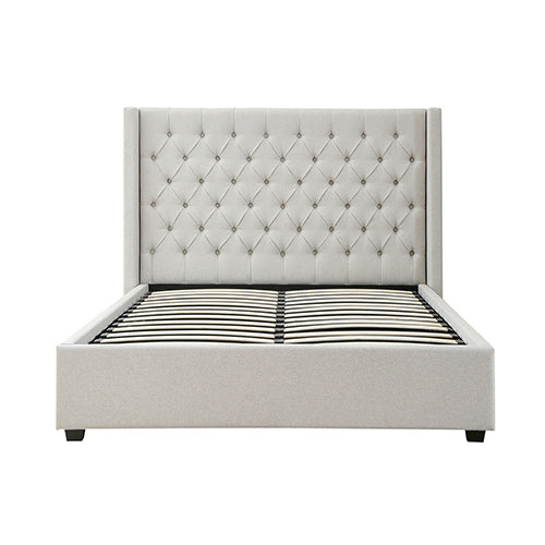 Veronica Bed Frame Double Size | Winged Grey Linen Fabric | Seam Grid Pattern | Gas Lift | Plywood & Metal Structure