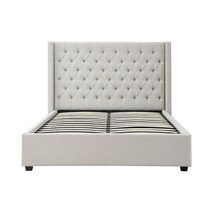Veronica Bed Frame Double Size | Winged Grey Linen Fabric | Seam Grid Pattern | Gas Lift | Plywood & Metal Structure