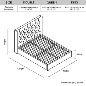 Veronica Bed Frame Double Size | Winged Grey Linen Fabric | Seam Grid Pattern | Gas Lift | Plywood & Metal Structure