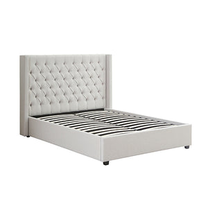 Veronica Bed Frame Queen Size | Winged Grey Linen Fabric | Seam Grid Pattern | Gas Lift | Plywood & Metal Structure