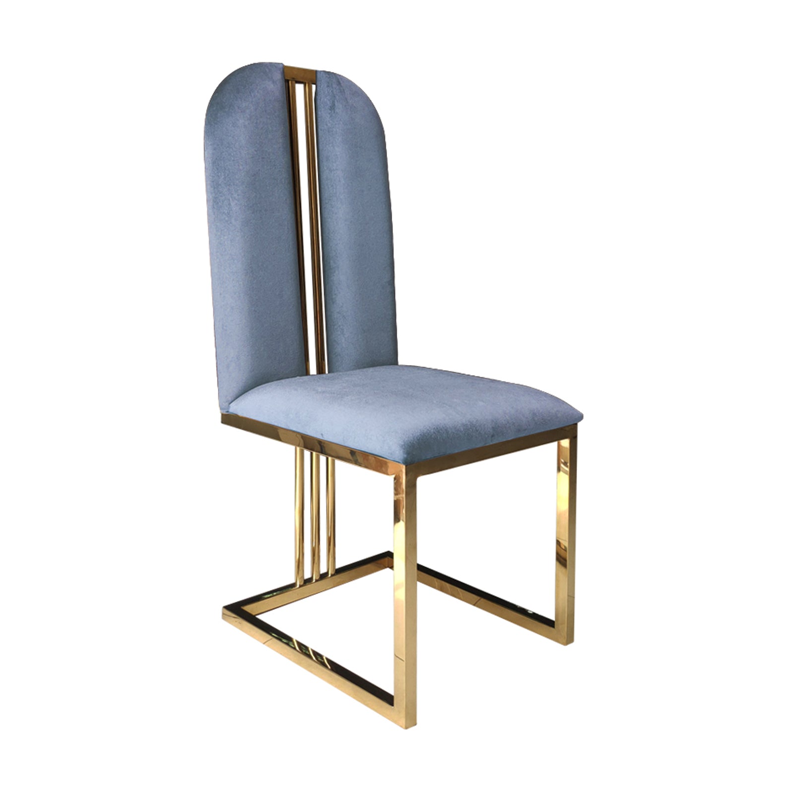 2x Dining Chair | Stainless Gold Frame & Seat | Blue Fabric