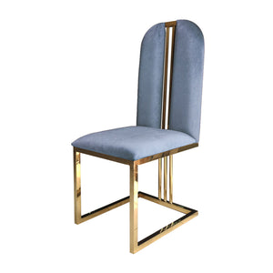 2x Dining Chair | Stainless Gold Frame & Seat | Blue Fabric