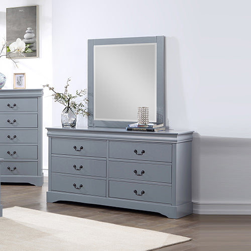 Dressing Chest with 6 Storage Drawers | Solid Wooden | Mirror | Metal Handles | Grey Colour