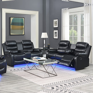 3-2 Seater Recliner Sofa | Finest Black Leatherette | Feature Console | LED Light | Ultra Cushioned