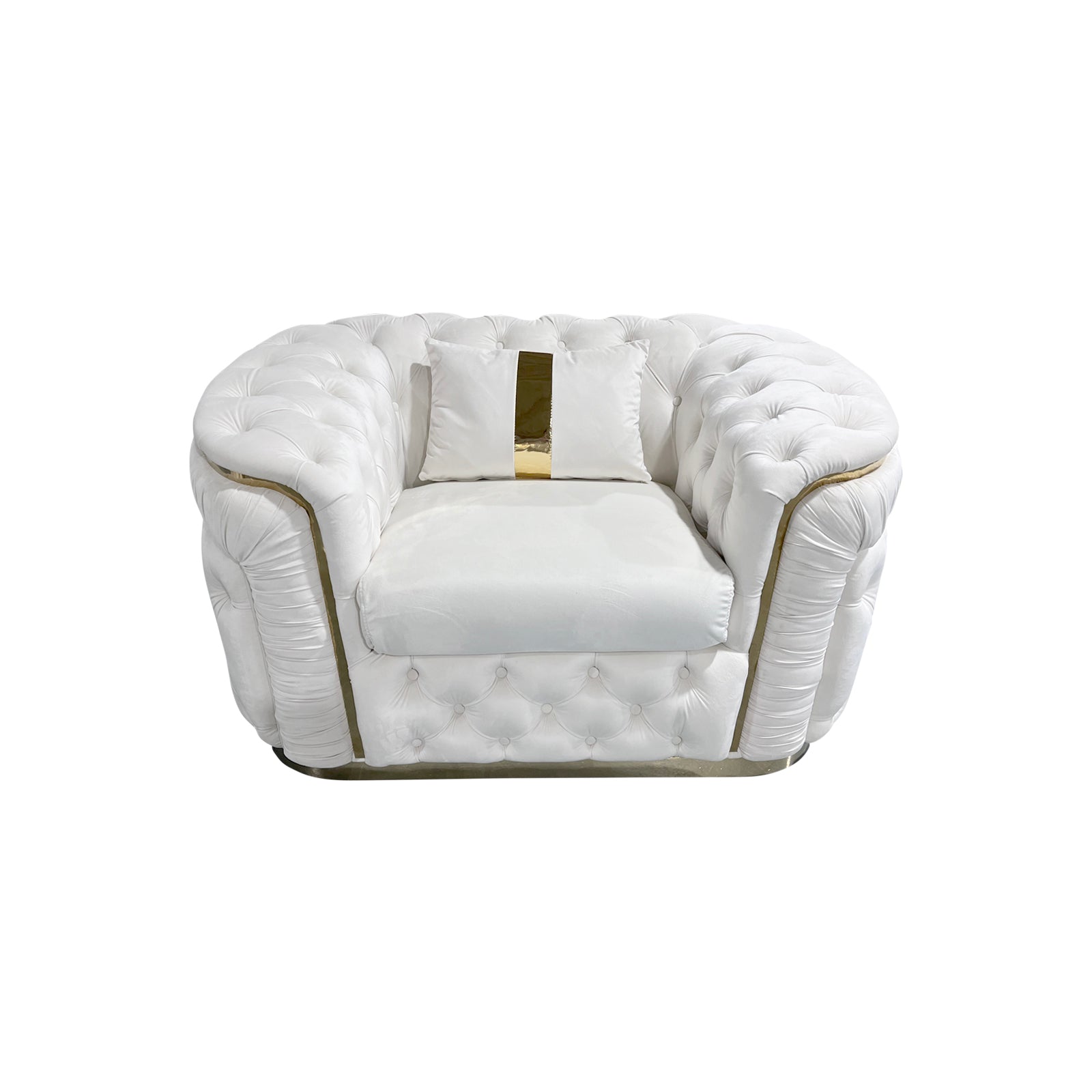 1 Seater Sofa | Beige Velvet Fabric | Solid Wood Construction | Gold Stainless Steel Trim