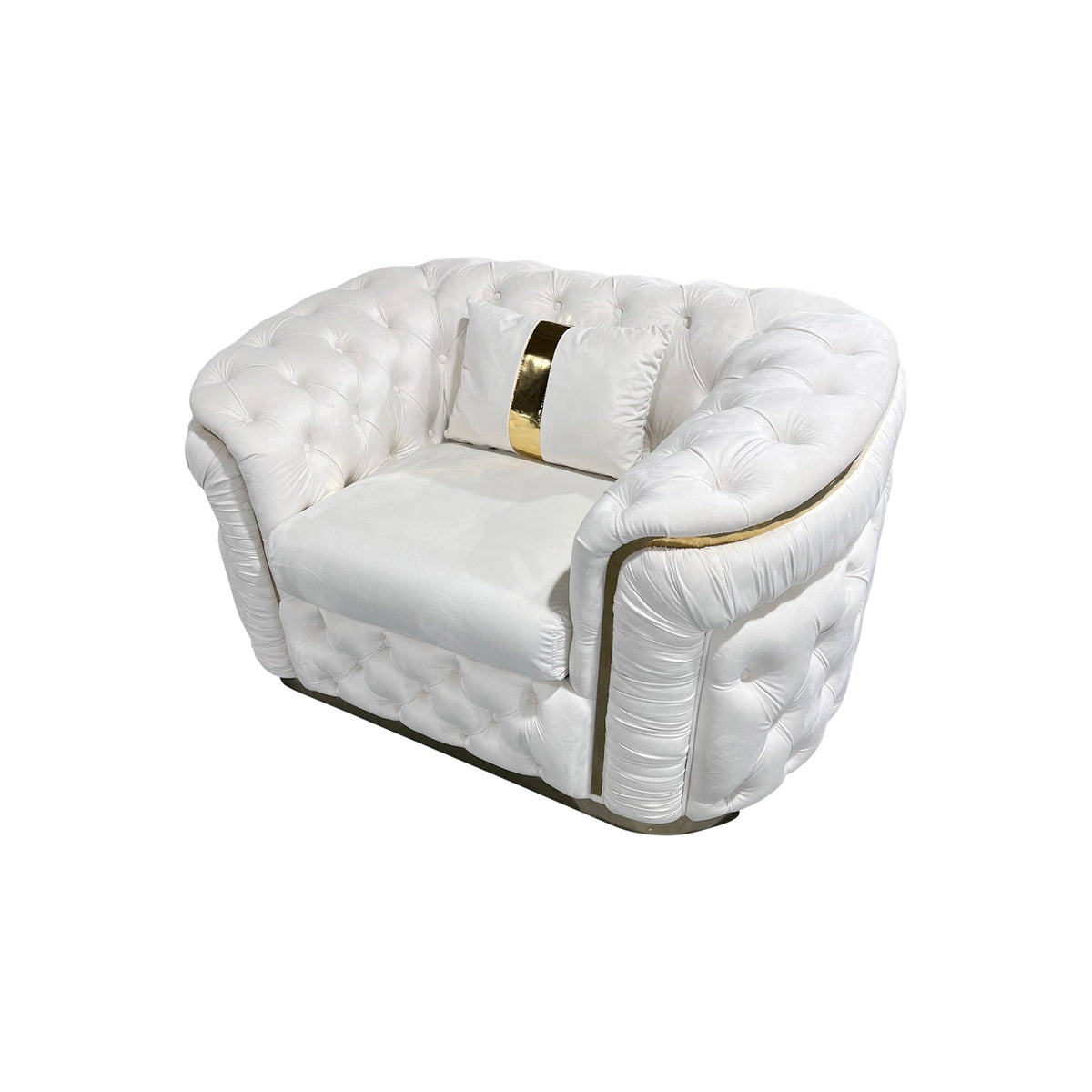 1 Seater Sofa | Beige Velvet Fabric | Solid Wood Construction | Gold Stainless Steel Trim