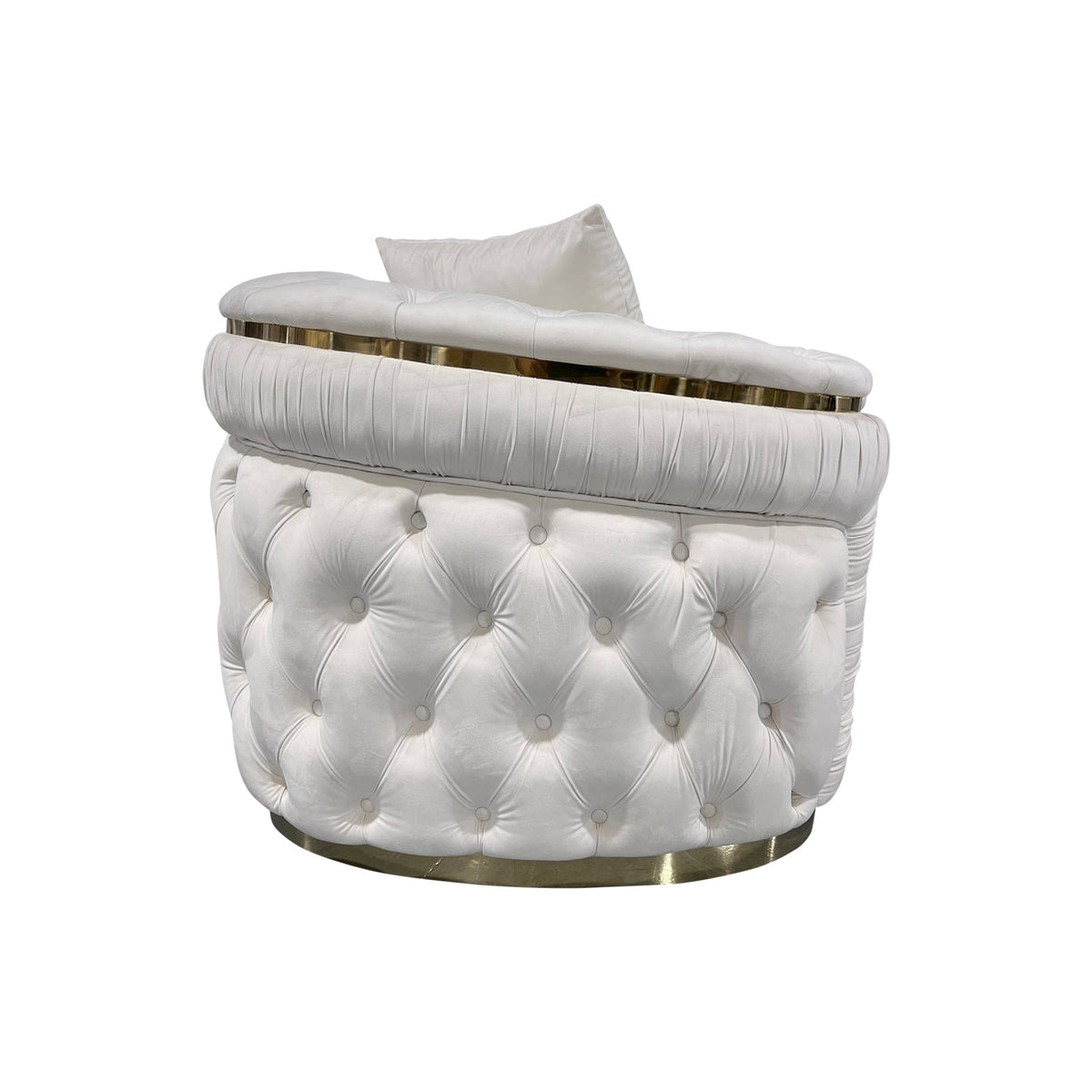 1 Seater Sofa | Beige Velvet Fabric | Solid Wood Construction | Gold Stainless Steel Trim